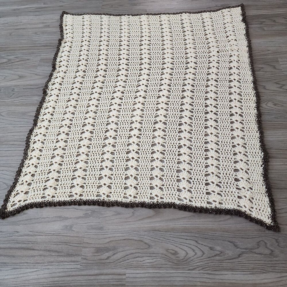 Vintage Handmade Crochet Throw Lap Chair  Blanket Grannycore 64"X54" Cream Brown